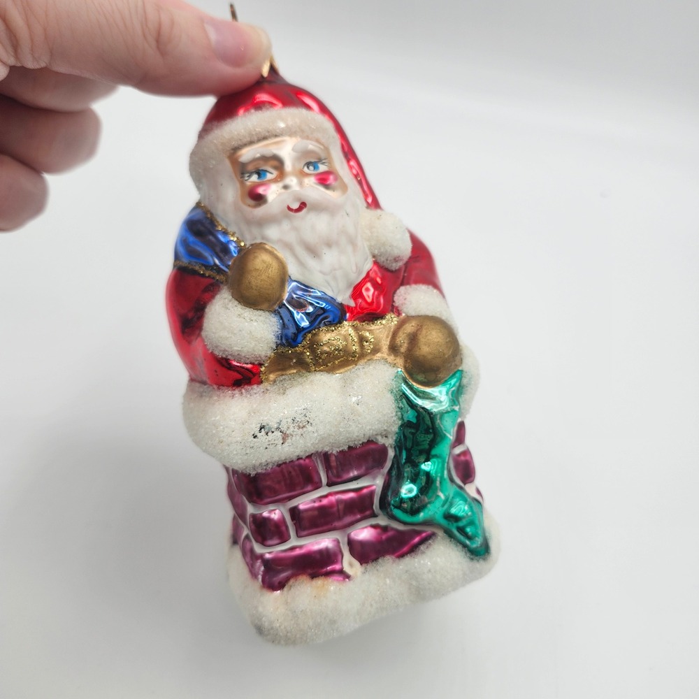 Vintage Glass Santa Claus‎ in Chimney Ornament Red Blue Bag Christmas Décor